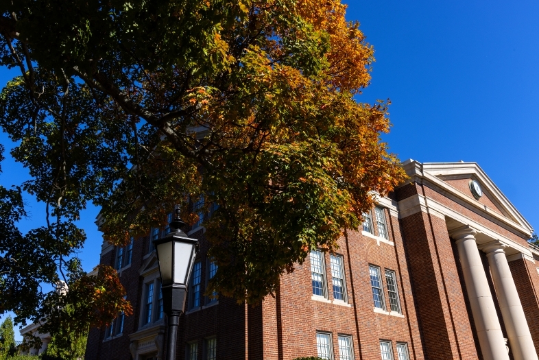 a brick building with columns surrounded by fall foliage on a blue skies day