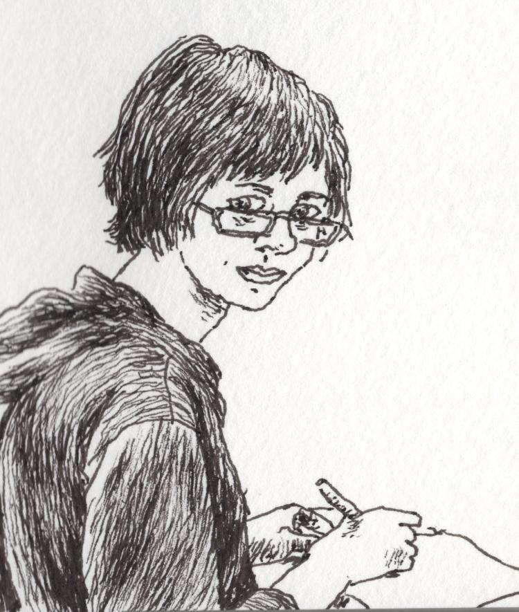 a line drawing of a person drawing on a notebook while sitting at a table
