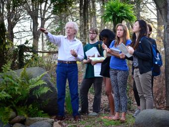 Professor Larry Ligo teaching students in forest 