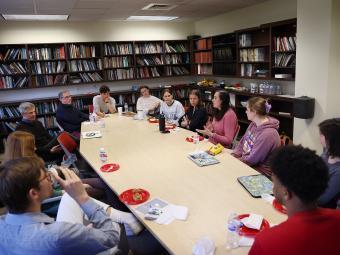 Classroom Meeting with Students Around Large Table and Abbott Lecturer Jack Livings and Prof. Randy Ingram