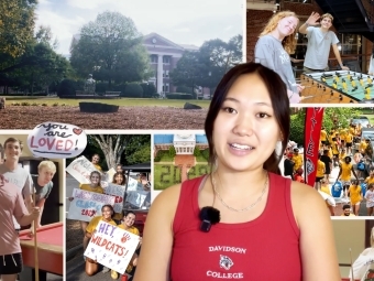 a young woman surrounded by pictures from her first week at Davidson College