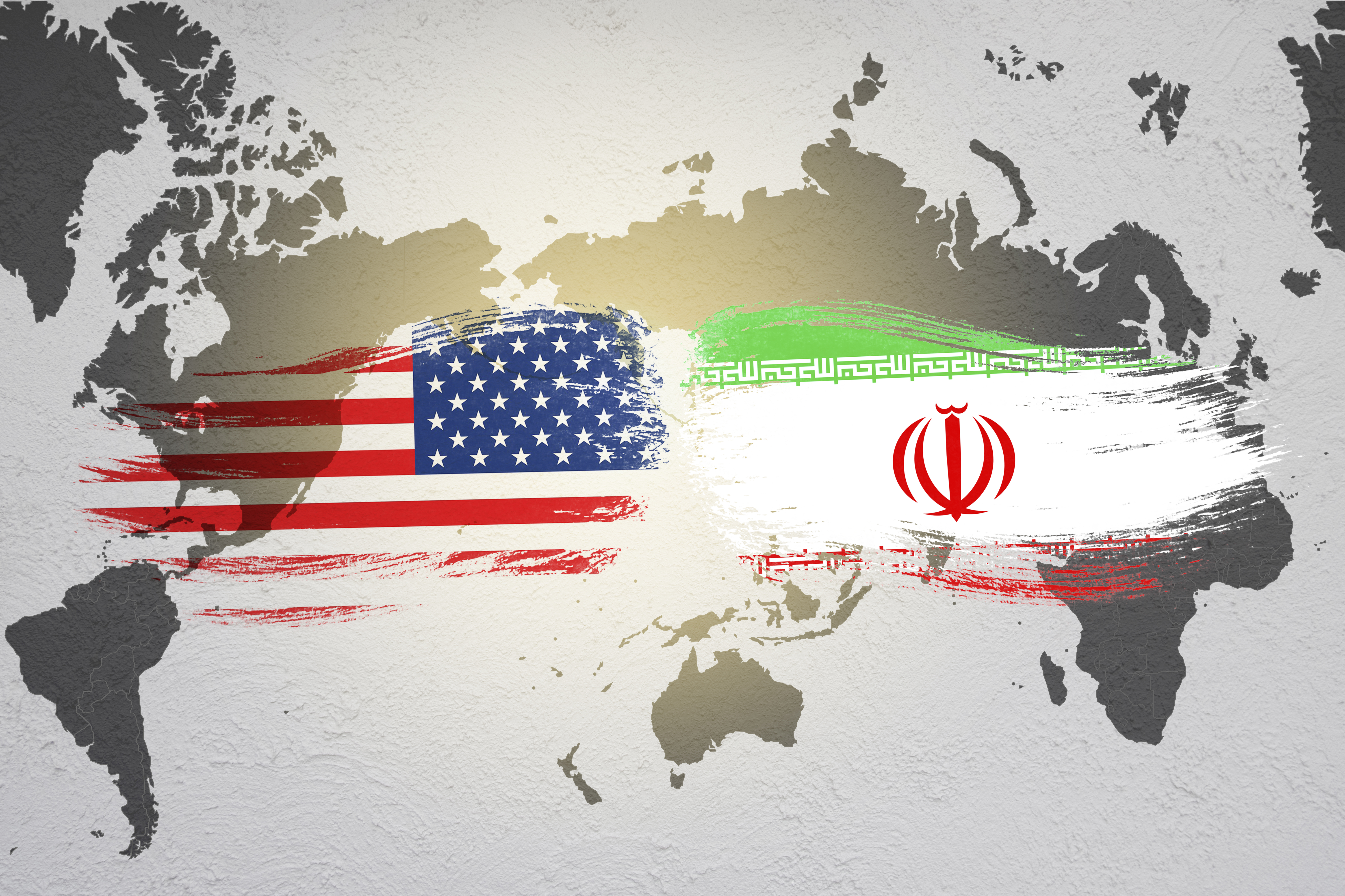 United States and Iran Flag over world map