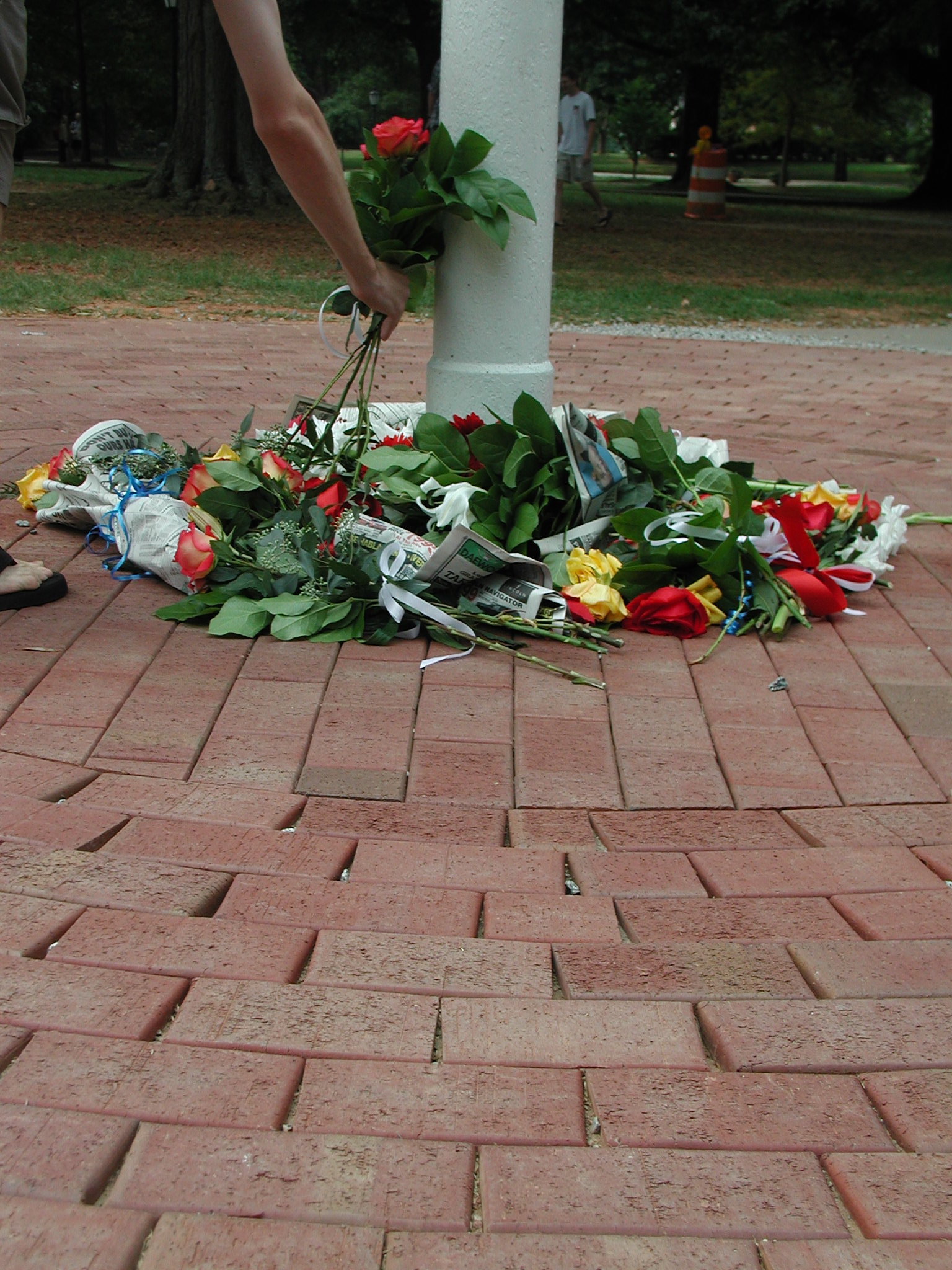 roses and flowers scattered on ground around flagpole in front of Chambers