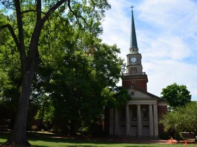 Davidson College Presbyterian Church steeple through the trees