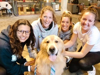 puppy attracts girls with his adorable tie