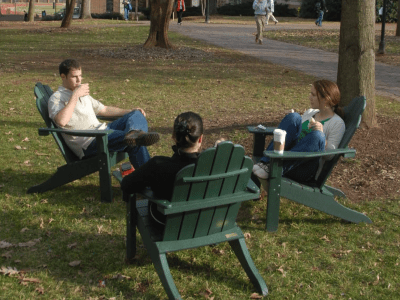 Students sitting in green lawn chairs photo from 2010 sustainability climate action plan report