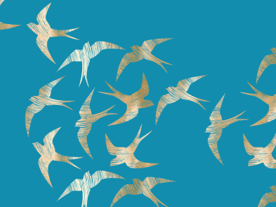 Illustrative gold swallows on blue background