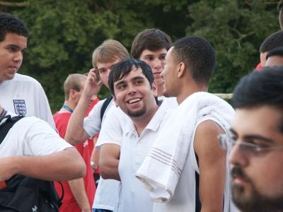 Teammates make friends playing sports during orientation