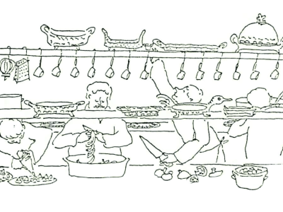 a line drawing of a group of chefs working in a kitchen