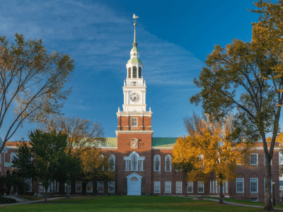 a collegiate building on a blue skies day