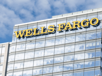 a skyscraper with "Wells Fargo" on it