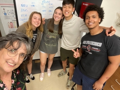 Dr. Karen Bernd and her summer 2023 student research collaborators- Nadia Nowicki ’26, Addy Donaldson ‘25, James Noh ‘24, and Dag Asres ‘26.