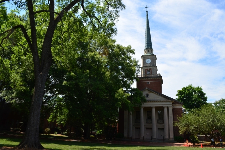 Davidson College Presbyterian Church steeple through the trees