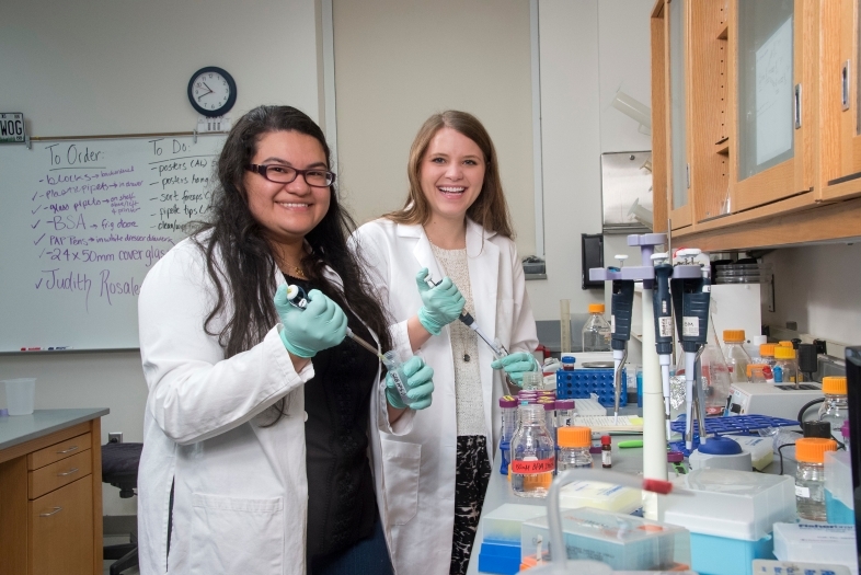 Two students stand in neuroscience lab holding pipettes and research equipment