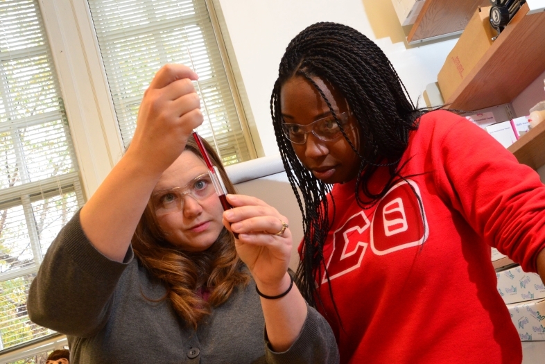 Prof. Nicole Snyder adds liquid to a small tube with a dropper while lab assistant, Joeyelle Newton observes