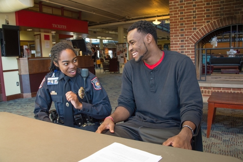 Vanessa Benson talks with Student in the Union