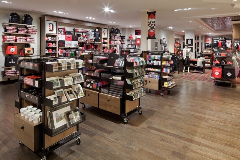 Shelves of Davidson memorabilia including branded clothing