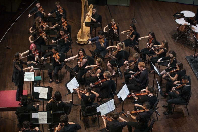 Davidson College Symphone Orchestra bird's eye view of group performing on stage