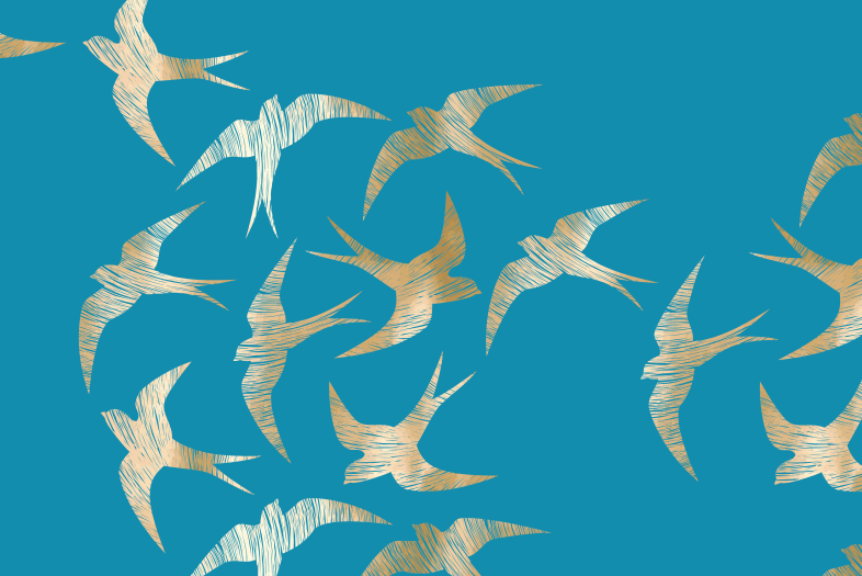 Illustrative gold swallows on blue background