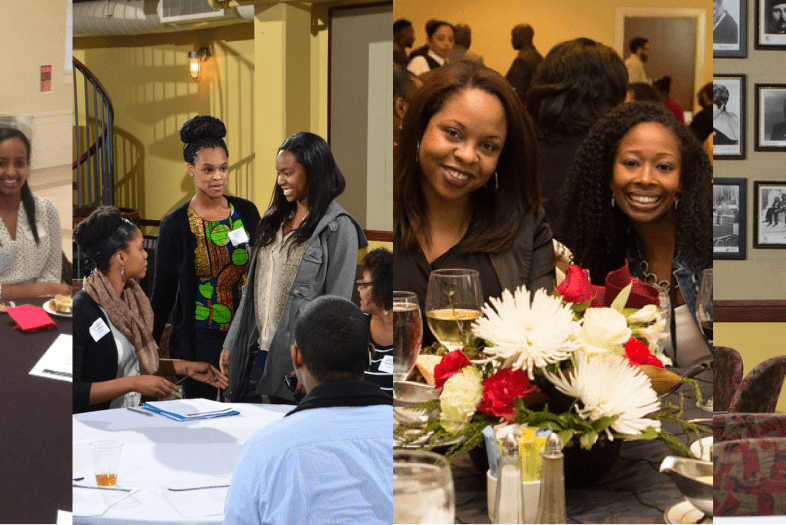 collage of 4 photos of women alumni talking and smiling with each other