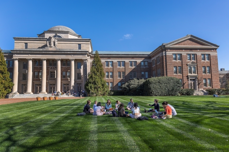 Students on the lawn in front of Chambers