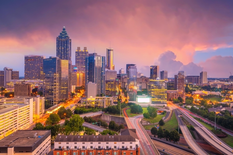 the Atlanta skyline at sunset