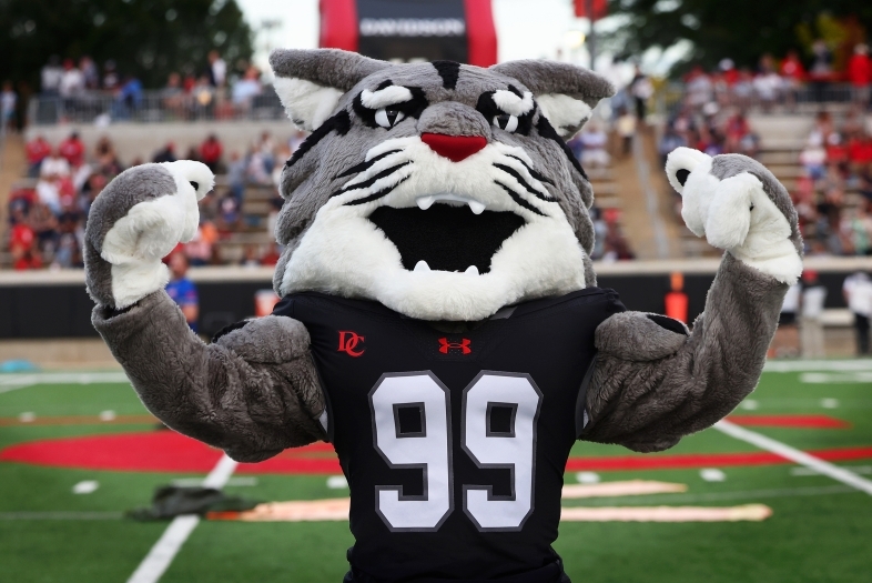 Roary the Wildcat flexes biceps at a Football game