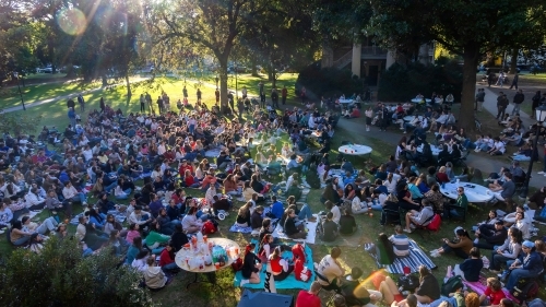 Students sit on the grass at the Phi Eu Debate