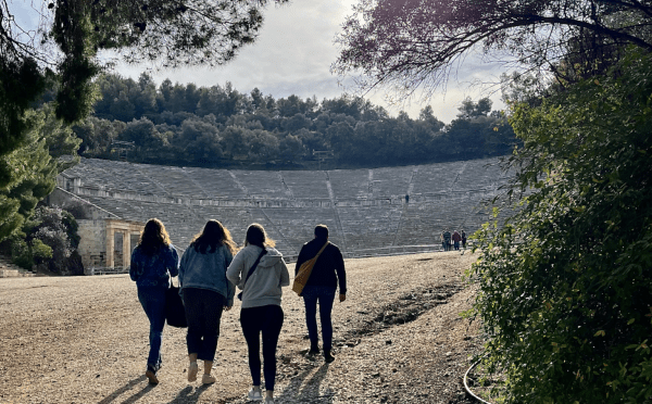 Davidson College students from thelasses 2024 and 2025 approach the Theatre at Epidaurus, Greece