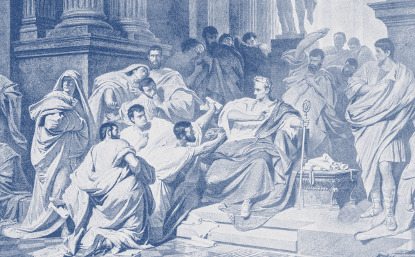 a sketch of Julius Caesar being stabbed in a court in ancient times