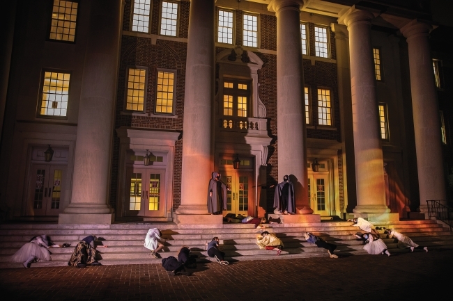 Students act out a zombie scene on Chambers steps