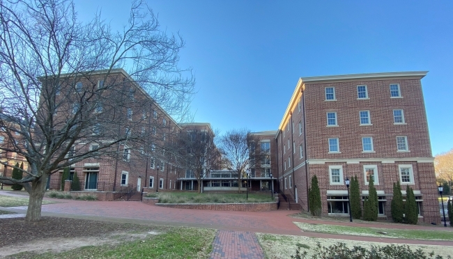 outdoor front of u-shaped, 4-story Chidsey hall 