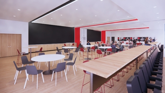 3d mockup of a room with wooden floors, tables and chairs, two black screens, and people sitting around talking