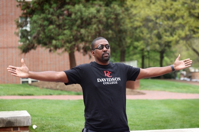 All In For Davidson Chris Clunie arms stretched out about to be pie'ed