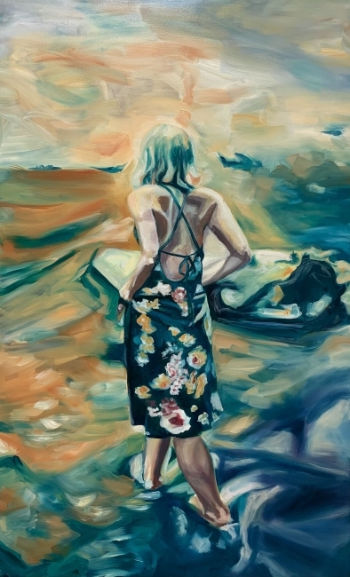 a colorful painting of a figure walking