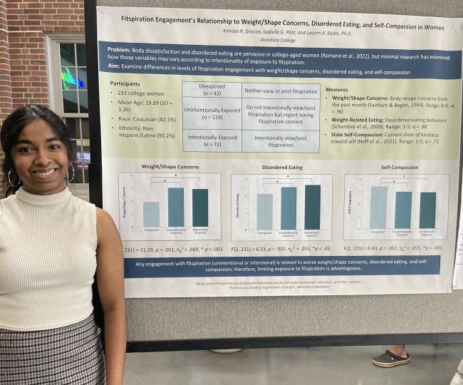 Kimaya Gracias ’24 presenting research on the effects of fitness inspiration social media posts on body image among young women at the Verna Miller Case Research and Creative Works Symposium. 