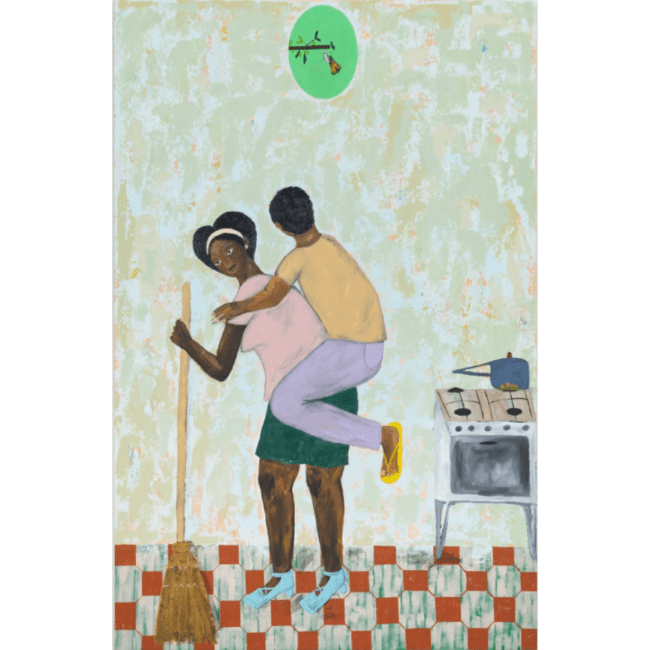 a mixed media piece of art of a woman holding a man while sweeping