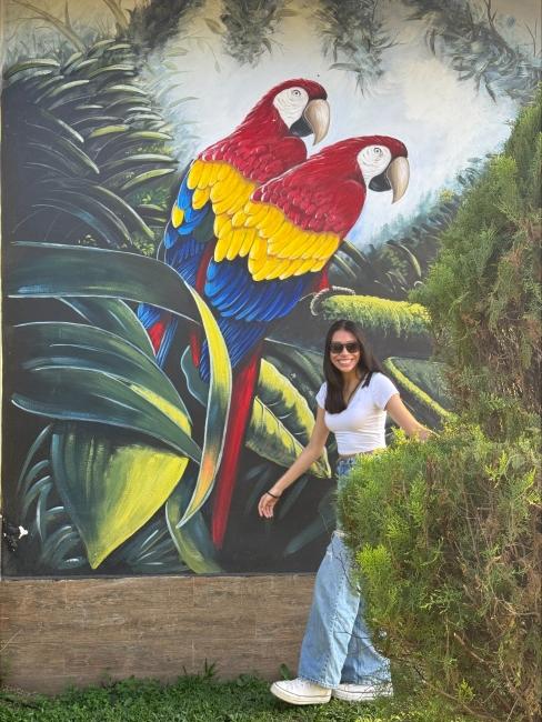 a young woman walks in front of a mural of two parrots