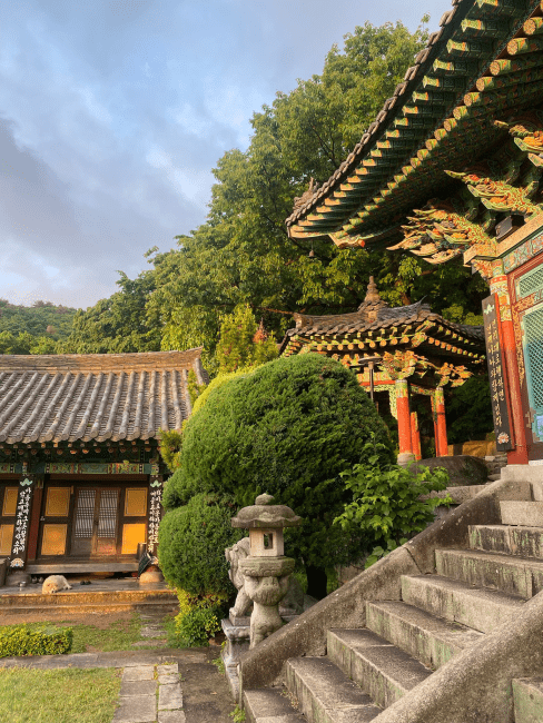 a Buddhist temple at sunrise