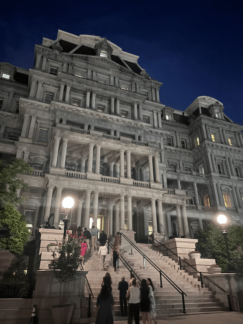 an historic building at night