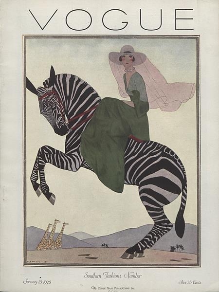 a Vogue magazine cover depicting a woman riding a zebra