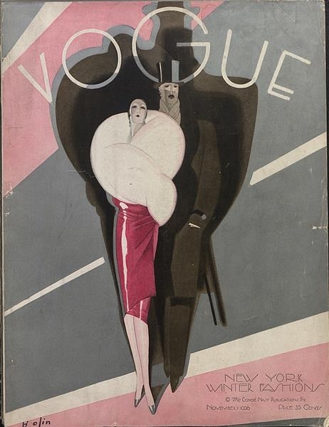 a cover of the Vogue magazine depicicting a man and woman in dressy clothes