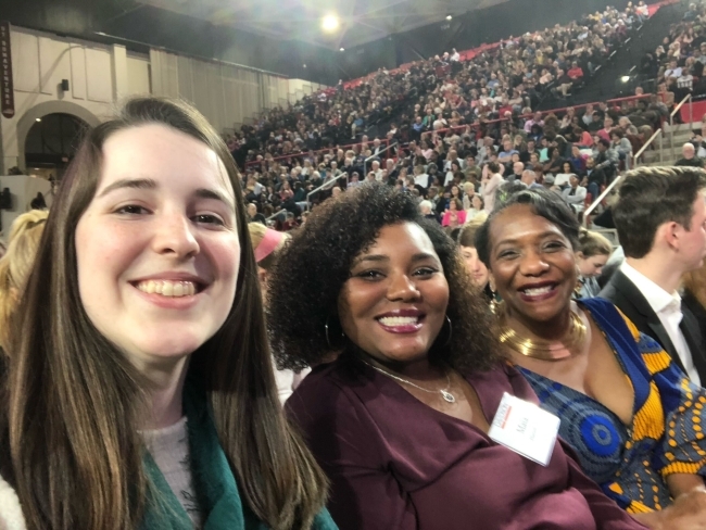 Maia Harrell with Emily Magen ’20 and her mom when Brian Stevenson spoke at Baker Stadium