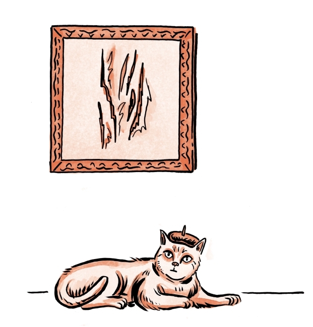 Illustration of a cat wearing an artist's beret laying underneath their work of art