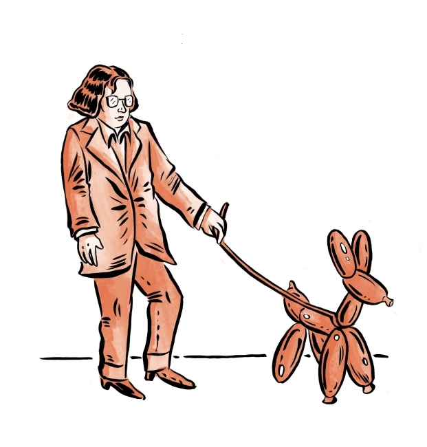 Illustration of a woman walking a balloon animal dog