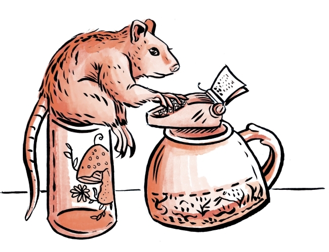 Illustration of a rat sitting on a tea caddy typing on a typewriter on top of a teapot