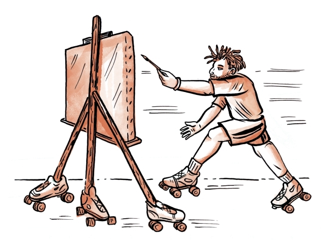 Illustration of a painter with easel, both on roller skates