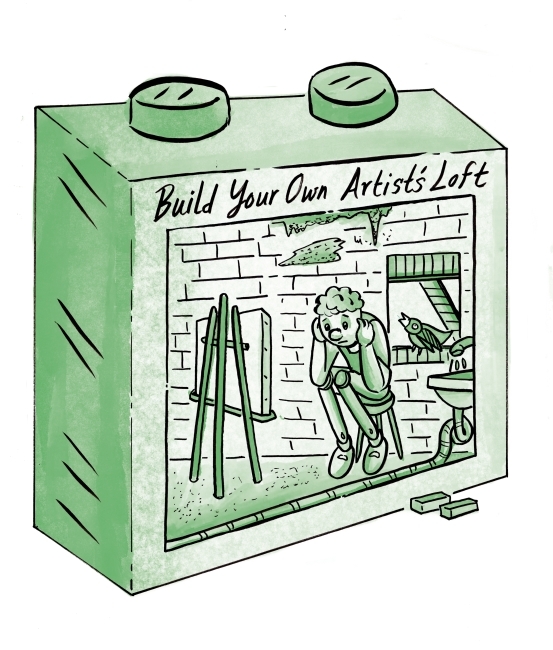 Illustration of a box of an artist's loft building set