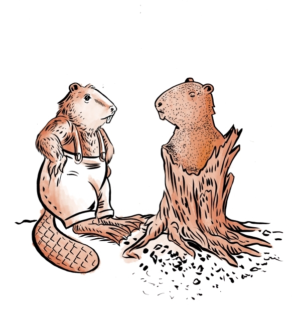 Illustration of a beaver sculpting a self portrait out of a tree trunk