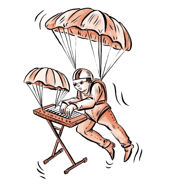 Illustration of a musician playing a piano keyboard while parachuting